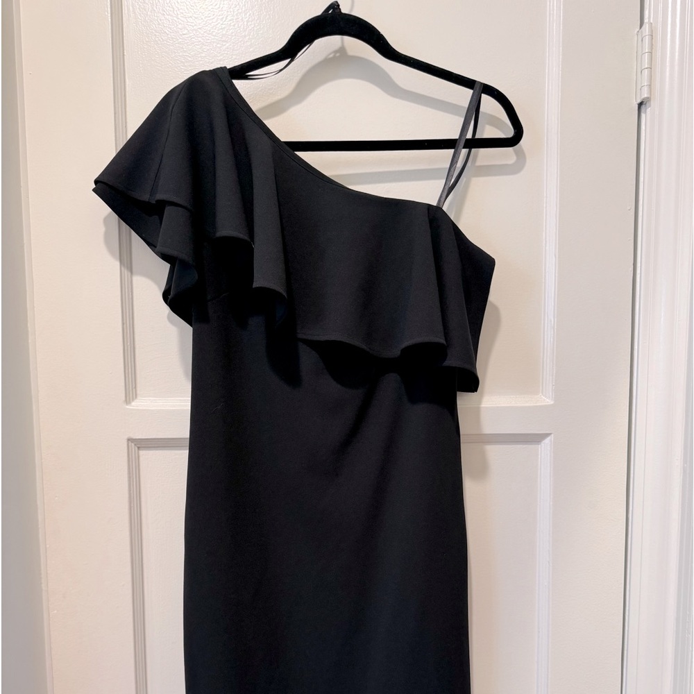 Black ruffle shoulder Vince Camuto cocktail dress